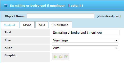 Heading component with its properties as seen BackOffice